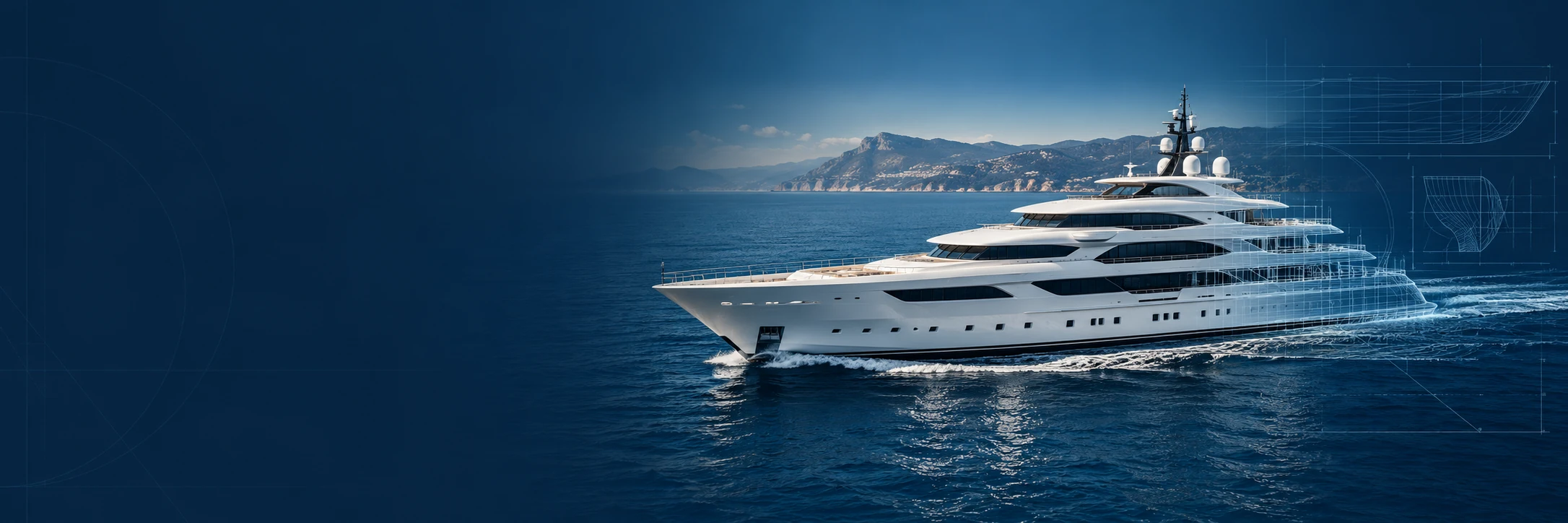 Illustrative superyacht exterior blending into naval architecture linework